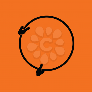 Icon of hand holding photography reflector. Orange background with black. Vector illustration.