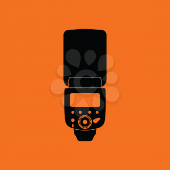 Icon of portable photo flash. Orange background with black. Vector illustration.