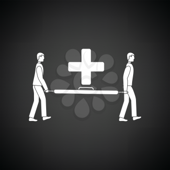 Soccer medical staff carrying stretcher icon. Black background with white. Vector illustration.