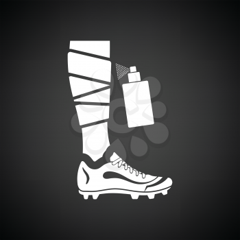Soccer bandaged leg with aerosol anesthetic icon. Black background with white. Vector illustration.