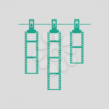 Icon of photo film drying on rope with clothespin. Gray background with green. Vector illustration.