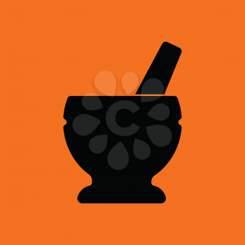 Icon of chemistry mortar. Orange background with black. Vector illustration.