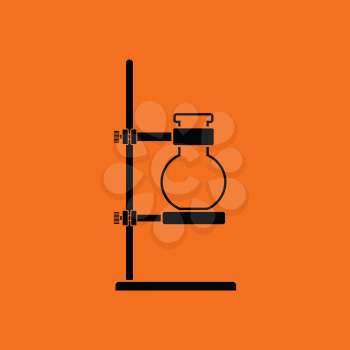 Icon of chemistry flask griped in stand. Orange background with black. Vector illustration.