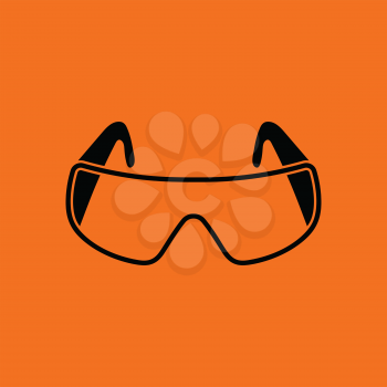 Icon of chemistry protective eyewear. Orange background with black. Vector illustration.