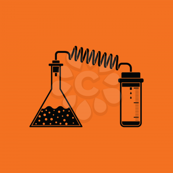 Icon of chemistry reaction with two flask. Orange background with black. Vector illustration.