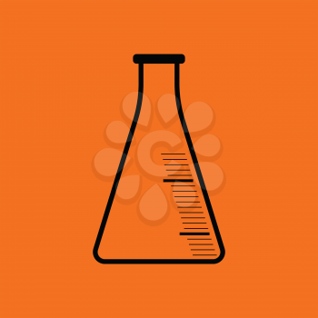 Icon of chemistry cone flask. Orange background with black. Vector illustration.