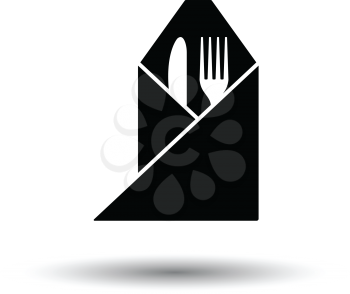 Fork and knife wrapped napkin icon. White background with shadow design. Vector illustration.