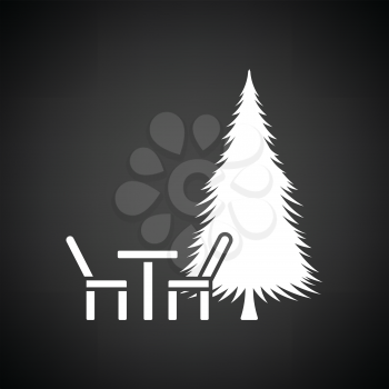 Park seat and pine tree icon. Black background with white. Vector illustration.