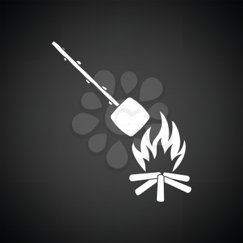 Camping fire with roasting marshmallow icon. Black background with white. Vector illustration.