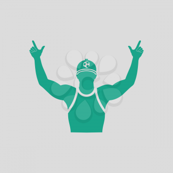 Football fan with hands up icon. Gray background with green. Vector illustration.