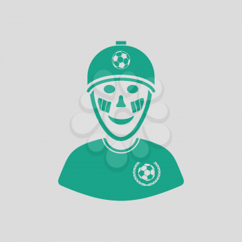 Football fan with painted face by italian flags icon. Gray background with green. Vector illustration.