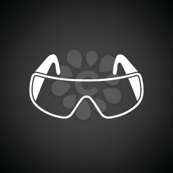 Icon of chemistry protective eyewear. Black background with white. Vector illustration.