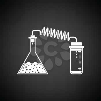 Icon of chemistry reaction with two flask. Black background with white. Vector illustration.