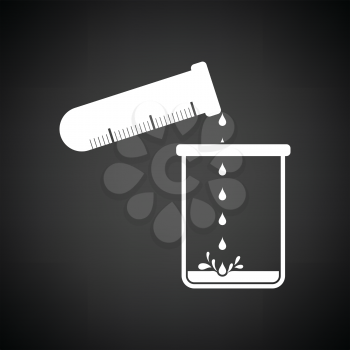 Icon of chemistry beaker pour liquid in flask. Black background with white. Vector illustration.