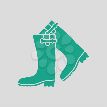 Hunter's rubber boots icon. Gray background with green. Vector illustration.