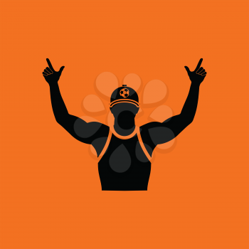Football fan with hands up icon. Orange background with black. Vector illustration.