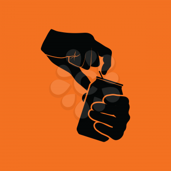 Human hands opening aluminum can icon. Orange background with black. Vector illustration.