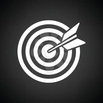 Target with dart in bulleye icon. Black background with white. Vector illustration.