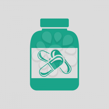 Fitness pills in container icon. Gray background with green. Vector illustration.