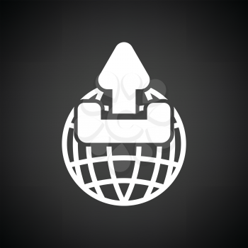 Globe with upload symbol icon. Black background with white. Vector illustration.