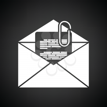 Mail with attachment icon. Black background with white. Vector illustration.
