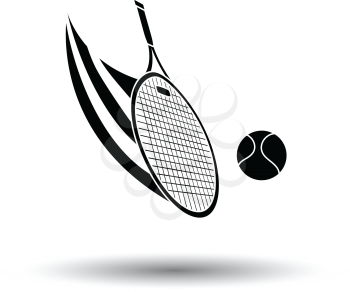 Tennis racket hitting a ball icon. White background with shadow design. Vector illustration.