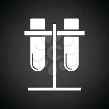Lab flasks attached to stand icon. Black background with white. Vector illustration.