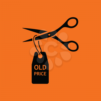 Scissors cut old price tag icon. Orange background with black. Vector illustration.