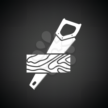 Handsaw cutting a plank icon. Black background with white. Vector illustration.