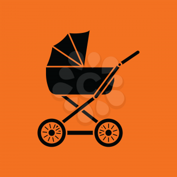 Pram ico. Orange background with black. Vector illustration.