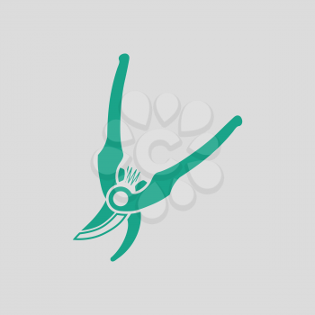 Garden scissors icon. Gray background with green. Vector illustration.
