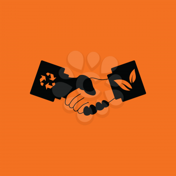 Ecological handshakes icon. Orange background with black. Vector illustration.