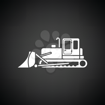 Icon of Construction bulldozer. Black background with white. Vector illustration.