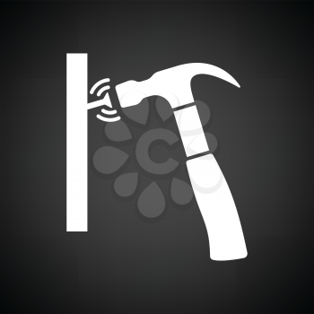 Icon of hammer beat to nail. Black background with white. Vector illustration.
