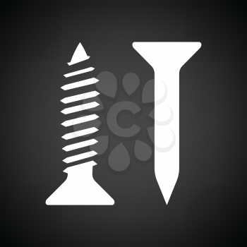 Icon of screw and nail. Black background with white. Vector illustration.
