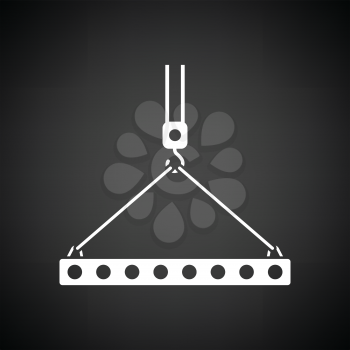 Icon of slab hanged on crane hook by rope slings . Black background with white. Vector illustration.