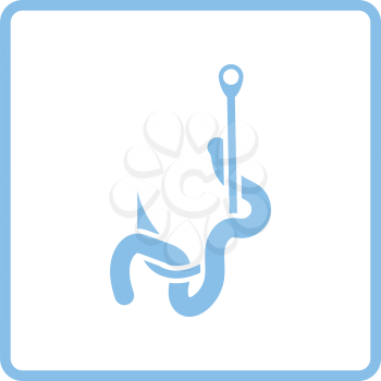 Icon of worm on hook. Blue frame design. Vector illustration.