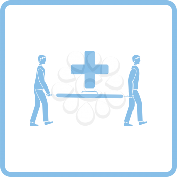 Soccer medical staff carrying stretcher icon. Blue frame design. Vector illustration.