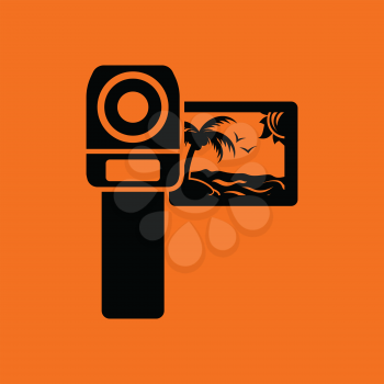 Video camera icon. Orange background with black. Vector illustration.