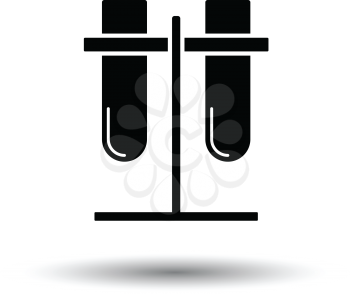 Lab flasks attached to stand icon. White background with shadow design. Vector illustration.