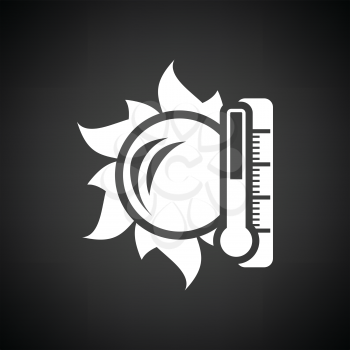 Sun and thermometer with high temperature icon. Black background with white. Vector illustration.