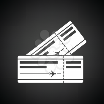 Two airplane tickets icon. Black background with white. Vector illustration.