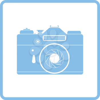 Icon of retro film photo camera. Blue frame design. Vector illustration.