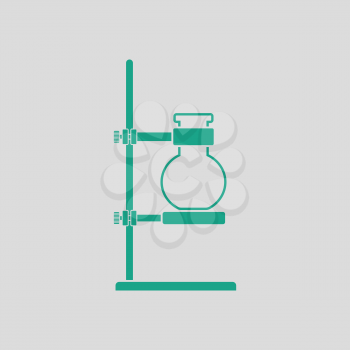 Icon of chemistry flask griped in stand. Gray background with green. Vector illustration.