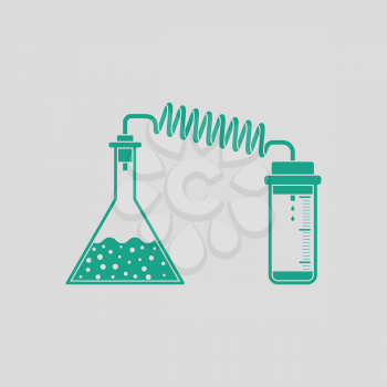 Icon of chemistry reaction with two flask. Gray background with green. Vector illustration.
