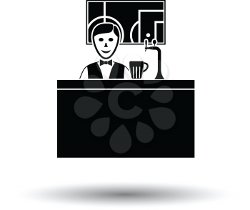 Sport bar stand with barman behind it and football translation on tv icon. White background with shadow design. Vector illustration.