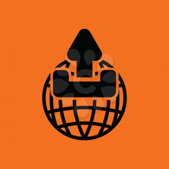 Globe with upload symbol icon. Orange background with black. Vector illustration.