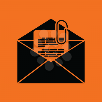 Mail with attachment icon. Orange background with black. Vector illustration.