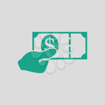 Hand holding money icon. Gray background with green. Vector illustration.