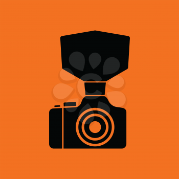 Camera with fashion flash icon. Orange background with black. Vector illustration.